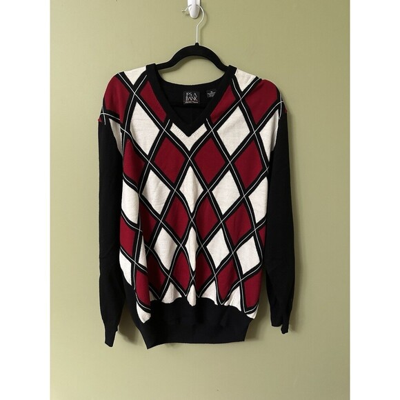 Jos A Bank Sweater Mens Large Red Black 100% Merino Wool V Neck Knit Argyle - Picture 1 of 8